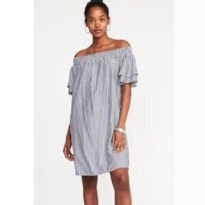 Old Navy Grey White Stripe Smocked Off Shoulder Dress